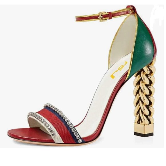 FSJ Red Green Flower Gold Metal Chain Chunky High Heels Ankle Strap Sandals - Picture 1 of 8
